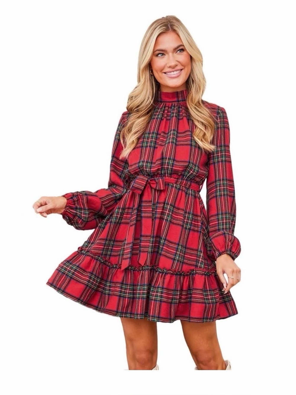 Cupshe Red Plaid Long-Sleeve Mini Dress with Waist Tie Medium EUC